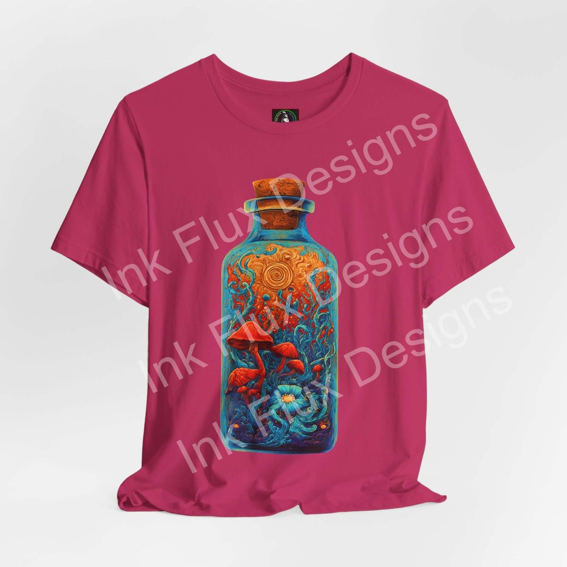 Psychedelic T-Shirt featuring a surreal mushroom bottle design on a vibrant pink background.