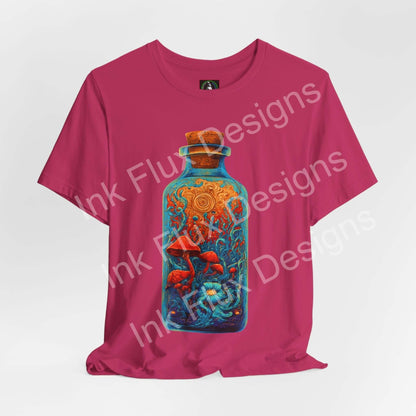 Psychedelic T-Shirt featuring a surreal mushroom bottle design on a vibrant pink background.