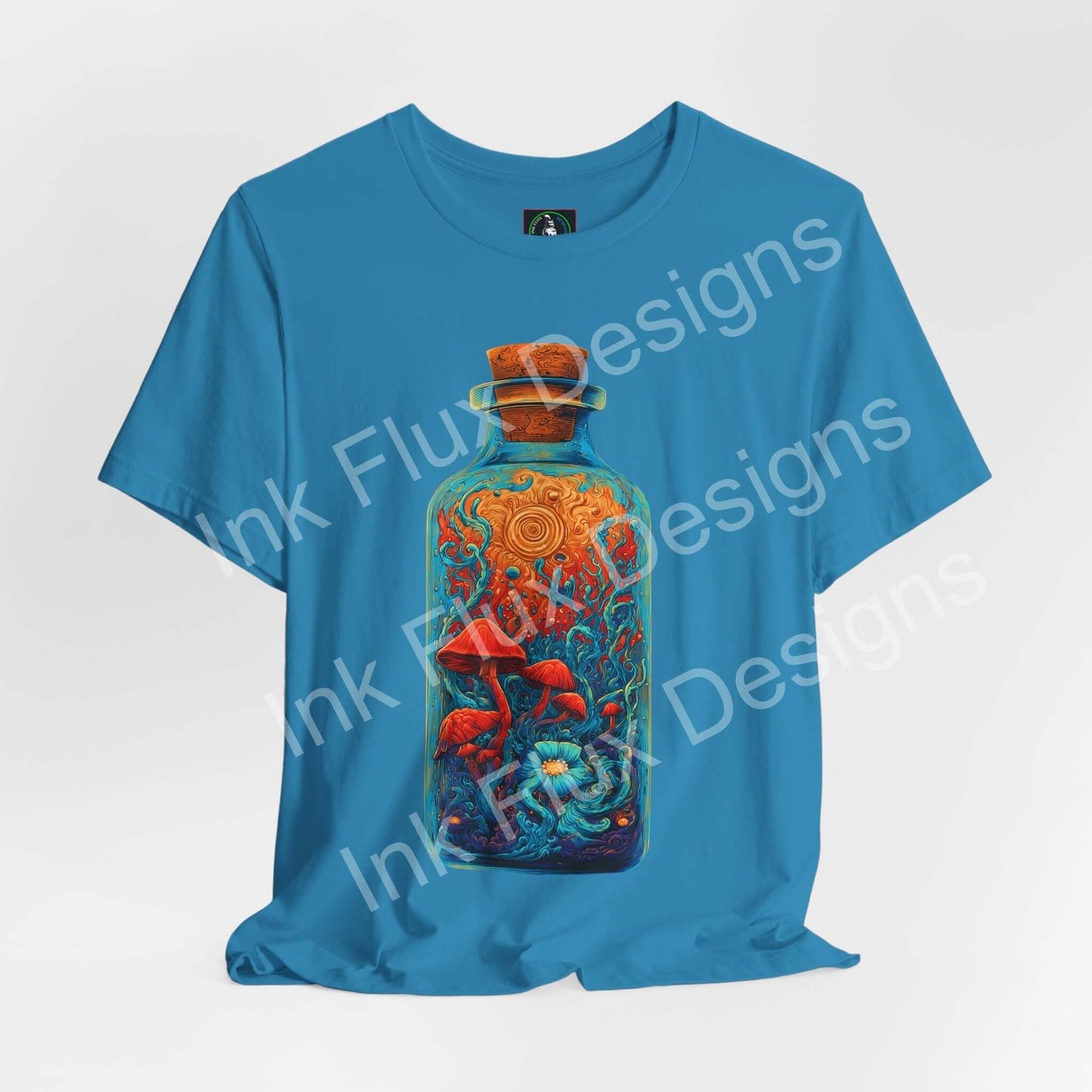 Psychedelic T-Shirt featuring a surreal mushroom bottle graphic design on a blue tee.