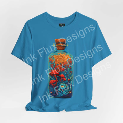 Psychedelic T-Shirt featuring a surreal mushroom bottle graphic design on a blue tee.