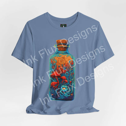 Psychedelic T-Shirt featuring a surreal mushroom bottle graphic on a blue background.
