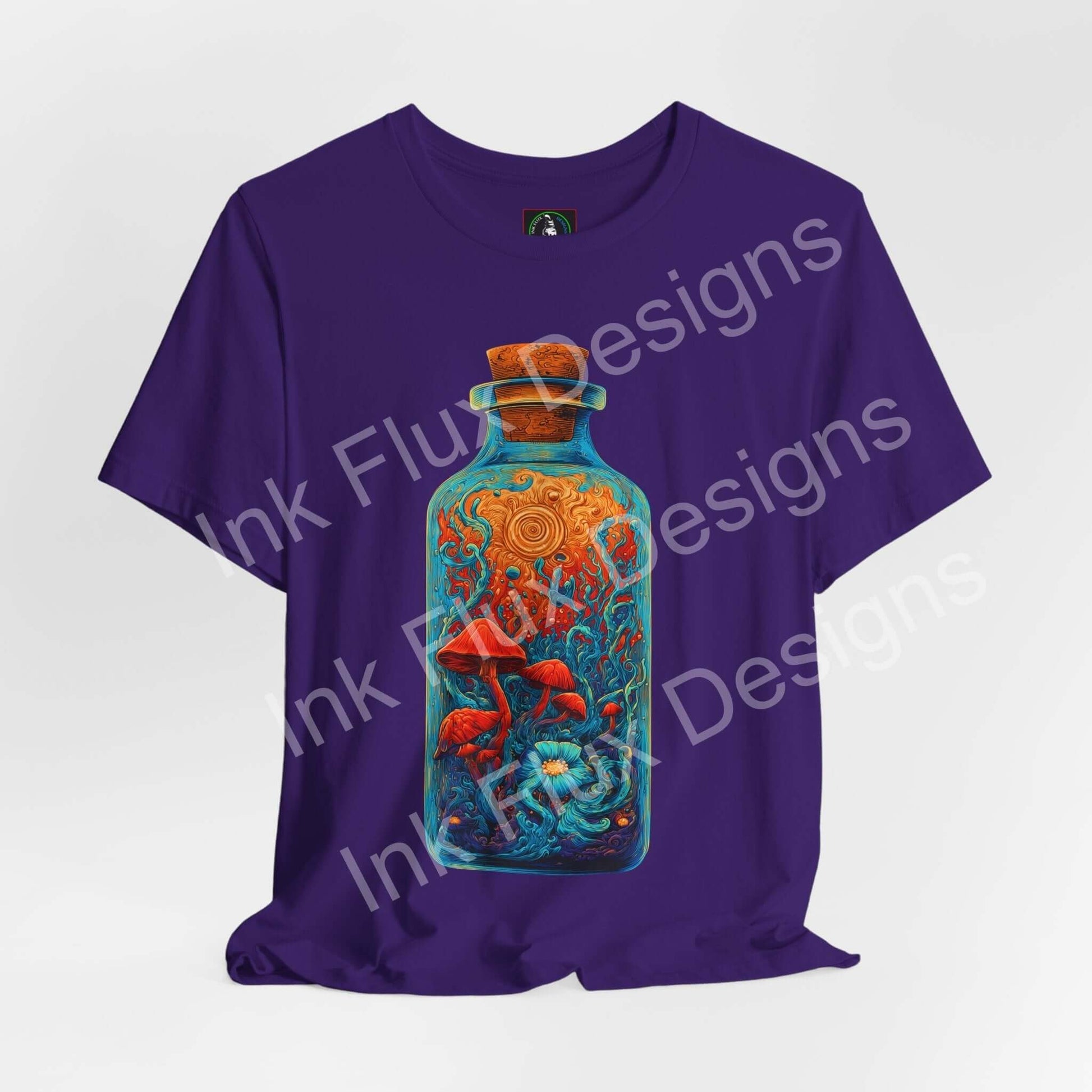 Psychedelic T-Shirt featuring surreal mushroom bottle graphic on a purple background.
