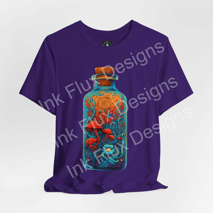 Psychedelic T-Shirt featuring surreal mushroom bottle graphic on a purple background.