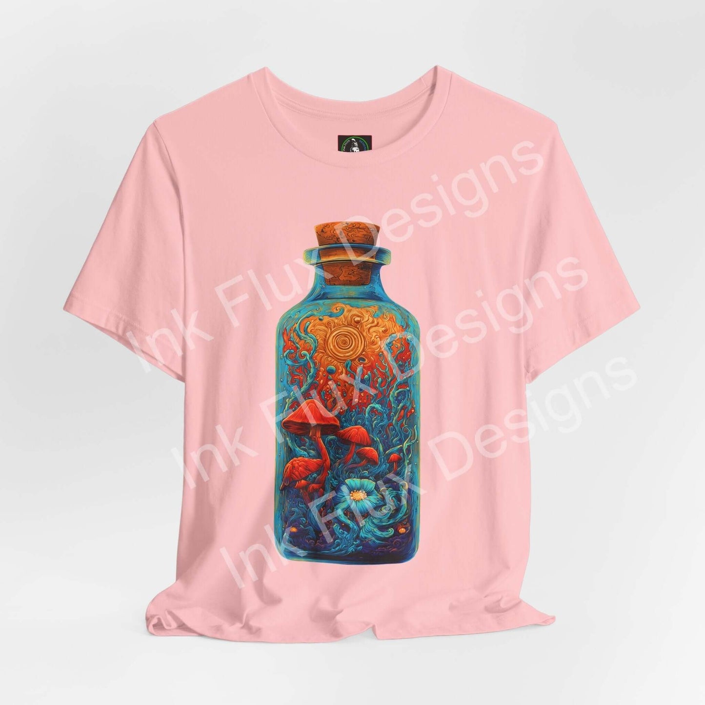 Psychedelic T-Shirt featuring a surreal mushroom bottle graphic on a pink background.