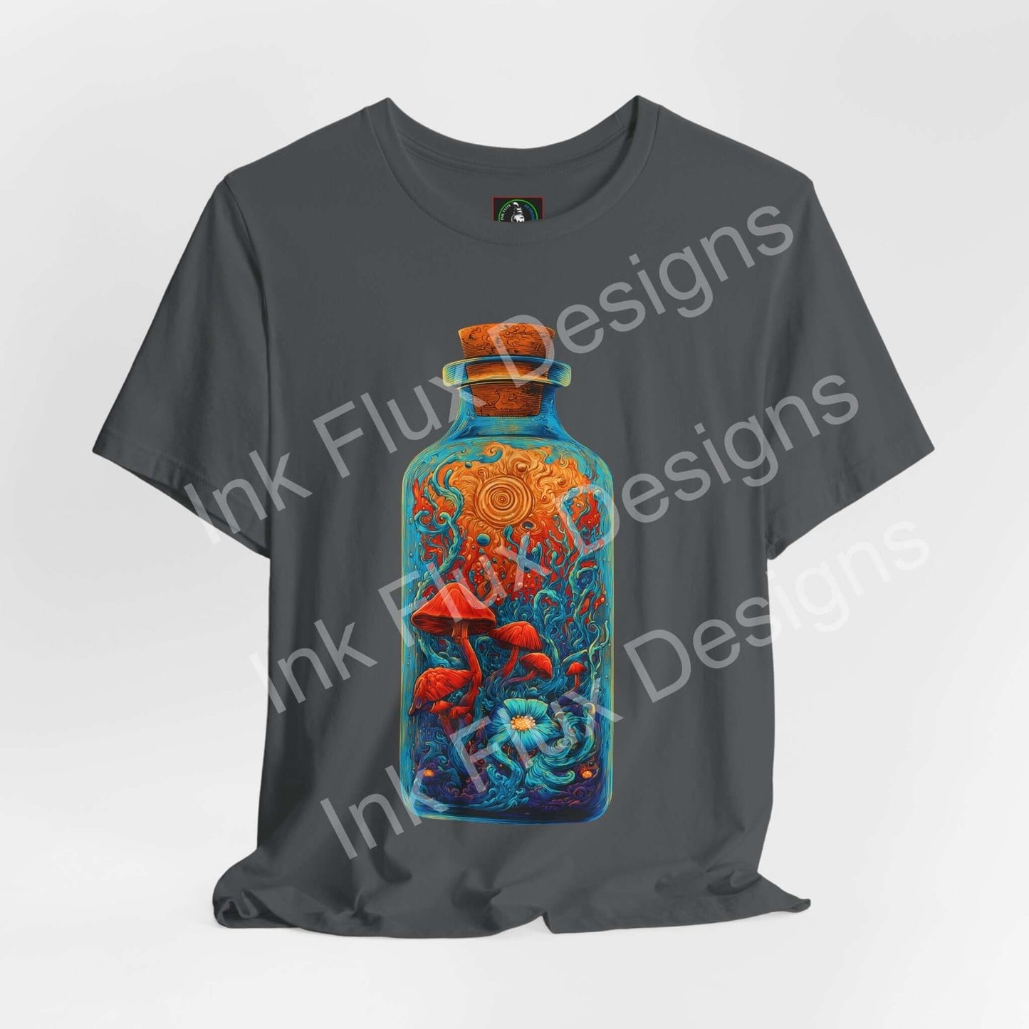Psychedelic T-Shirt featuring surreal mushroom bottle graphic design on charcoal background.