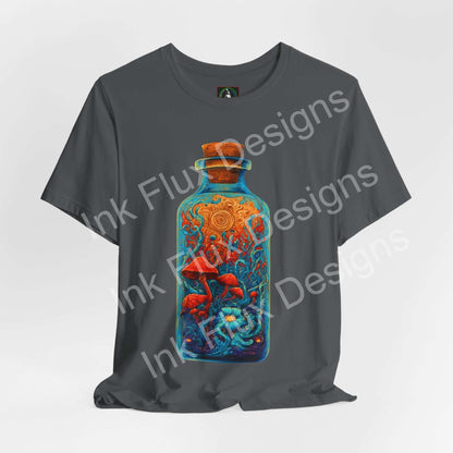 Psychedelic T-Shirt featuring surreal mushroom bottle graphic design on charcoal background.