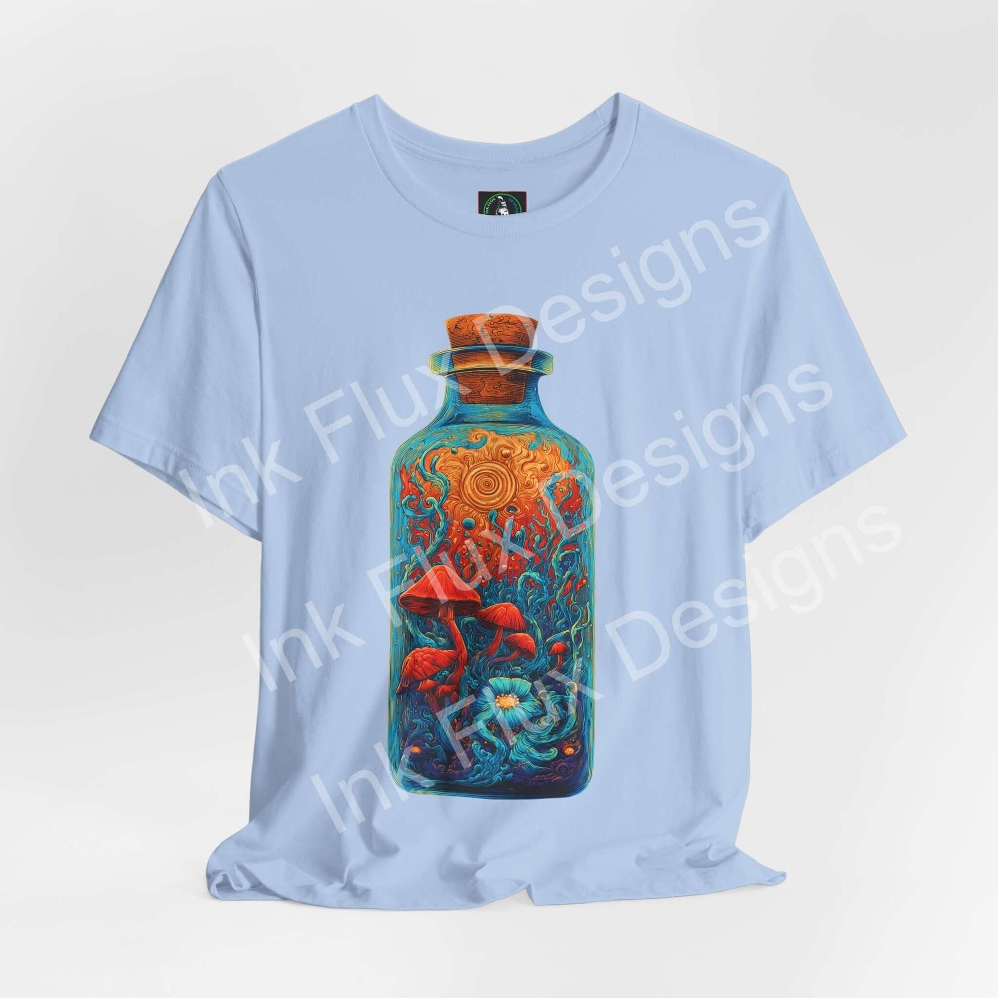 Psychedelic T-Shirt featuring a surreal mushroom bottle graphic on a light blue tee.