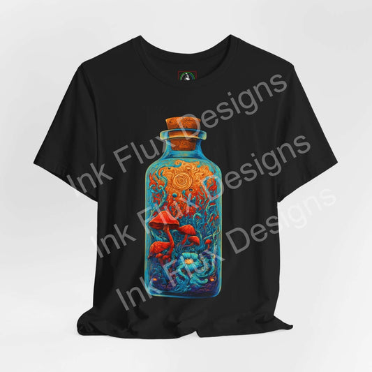 Psychedelic T-Shirt featuring a surreal mushroom bottle graphic art on a black tee.