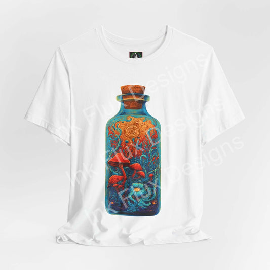 Psychedelic T-Shirt featuring a colorful mushroom bottle graphic design, showcasing vibrant surreal art.