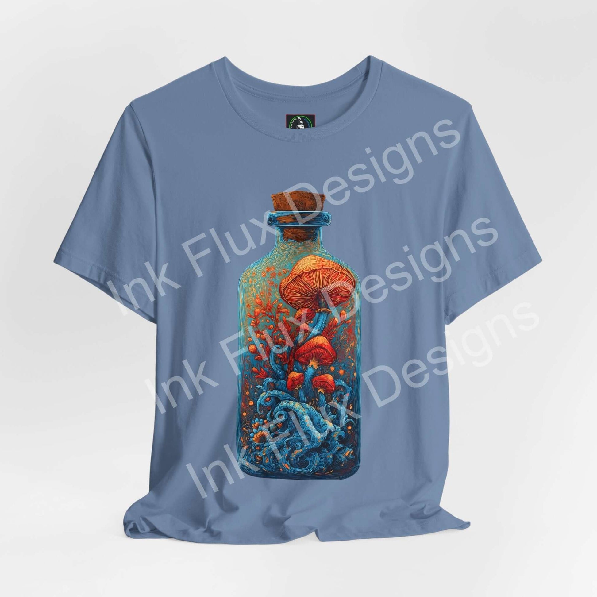 Psychedelic T-Shirt featuring surreal mushroom art in a glass bottle design with vibrant colors.