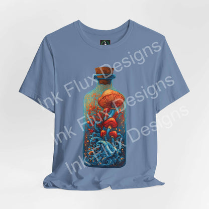 Psychedelic T-Shirt featuring surreal mushroom art in a glass bottle design with vibrant colors.