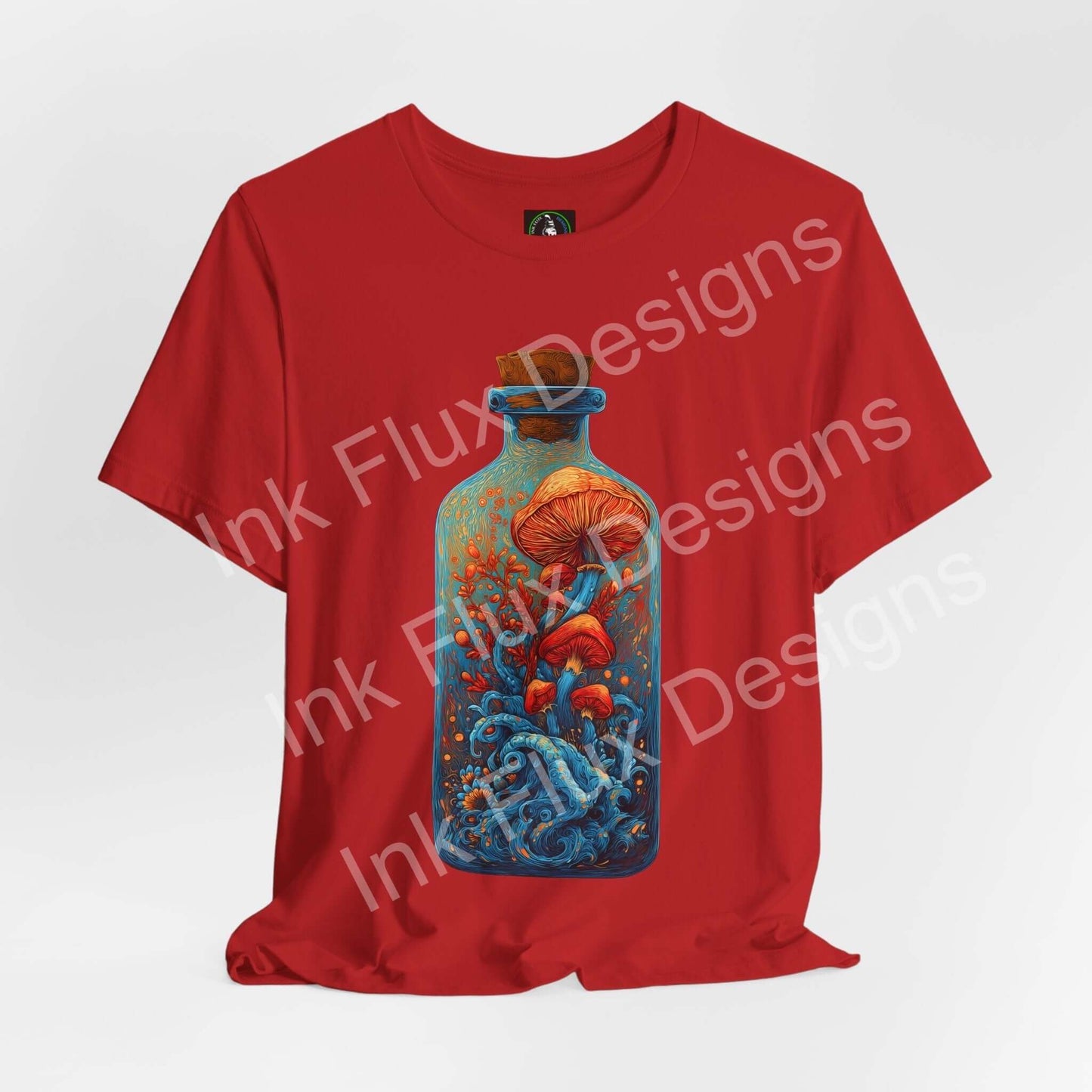 Psychedelic T-Shirt Tidal Spores featuring surreal mushroom art in a glass bottle on a red tee.
