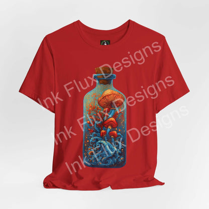 Psychedelic T-Shirt Tidal Spores featuring surreal mushroom art in a glass bottle on a red tee.
