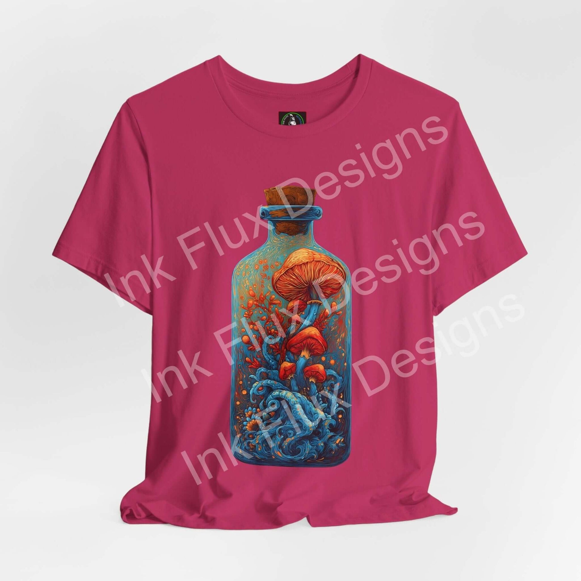 Psychedelic T-Shirt featuring surreal mushroom art inside a glass bottle with flowing ocean designs.