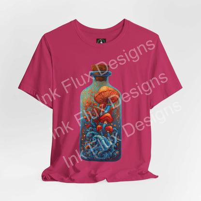 Psychedelic T-Shirt featuring surreal mushroom art inside a glass bottle with flowing ocean designs.