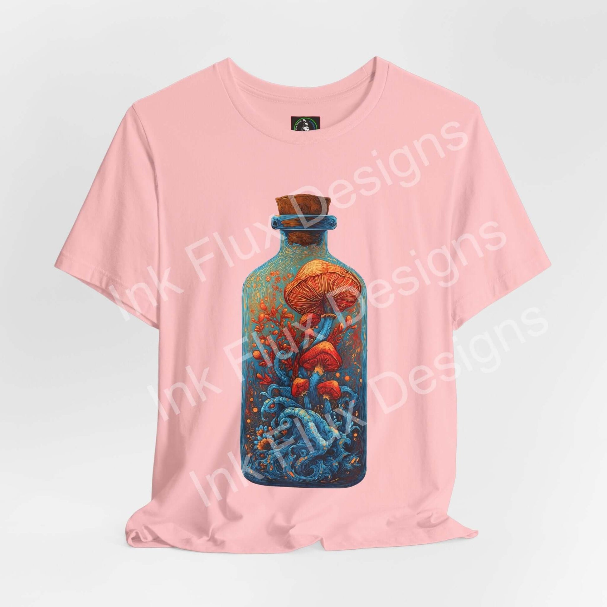 Psychedelic T-Shirt featuring surreal mushroom art in a bottle with vibrant colors and oceanic movement design.