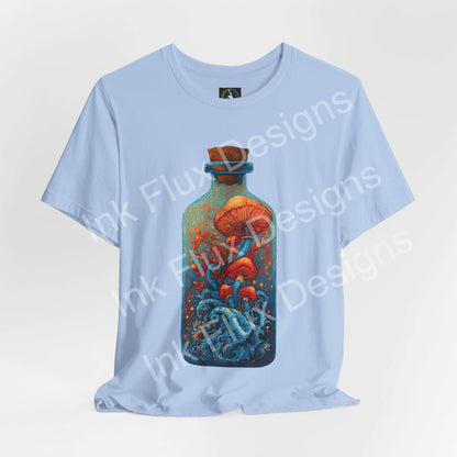 Psychedelic T-Shirt featuring surreal mushroom art inside a glass bottle with vibrant colors and flowing ocean themes.