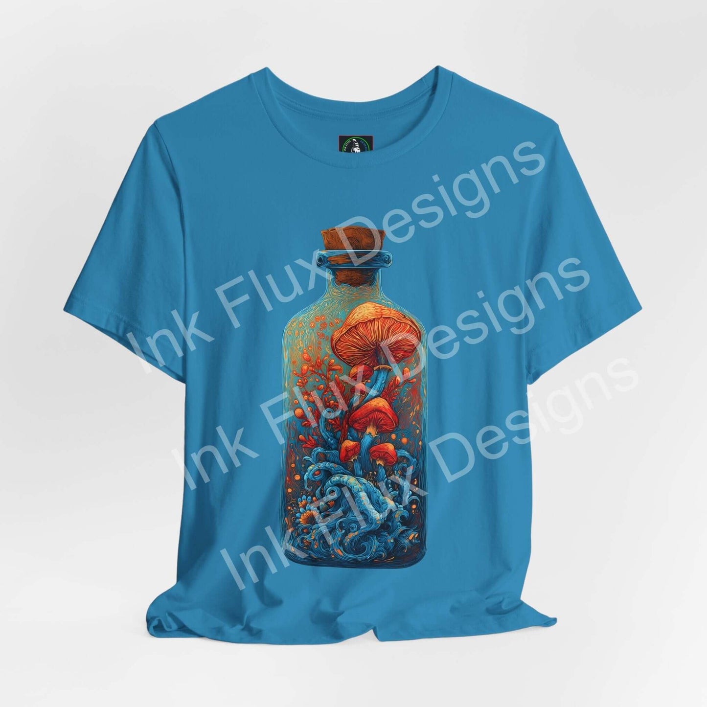 Psychedelic T-Shirt featuring surreal mushroom art in a glass bottle with vibrant ocean waves.