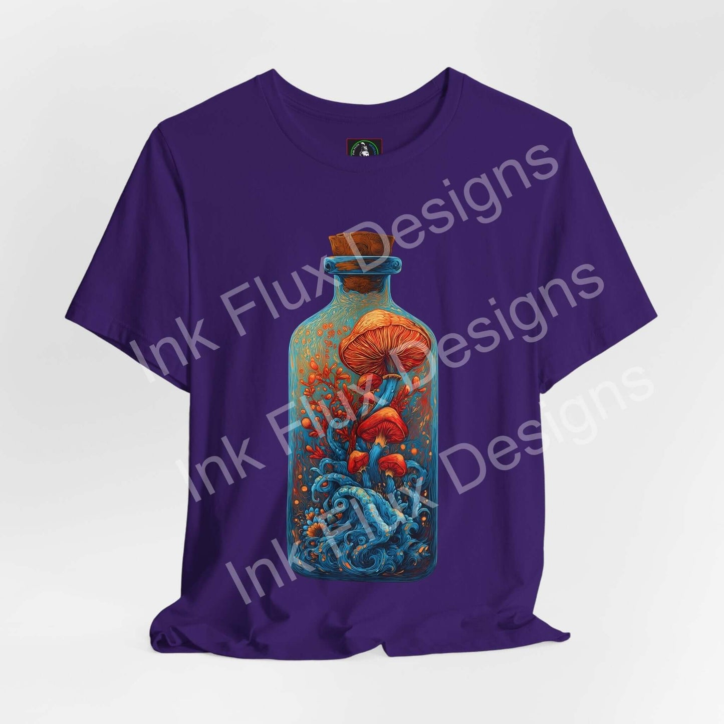 Psychedelic T-Shirt featuring surreal mushroom art inside a glass bottle with vibrant colors and ocean-like movement.