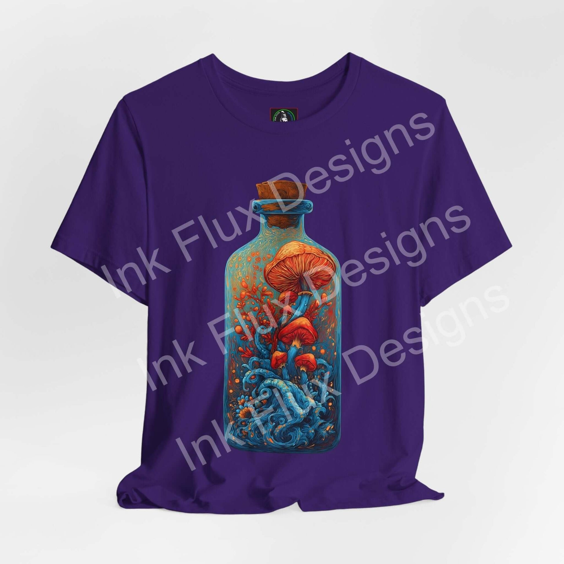 Psychedelic T-Shirt featuring surreal mushroom art inside a glass bottle with vibrant colors and ocean-like movement.