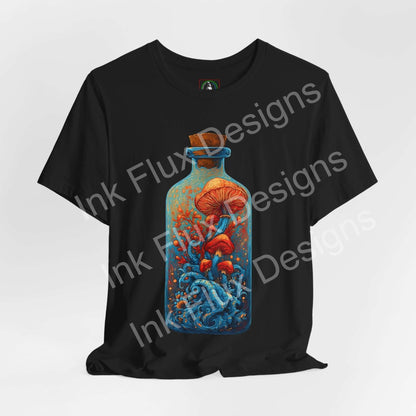 Psychedelic T-Shirt featuring surreal mushroom art in a glass bottle with flowing ocean-like textures.
