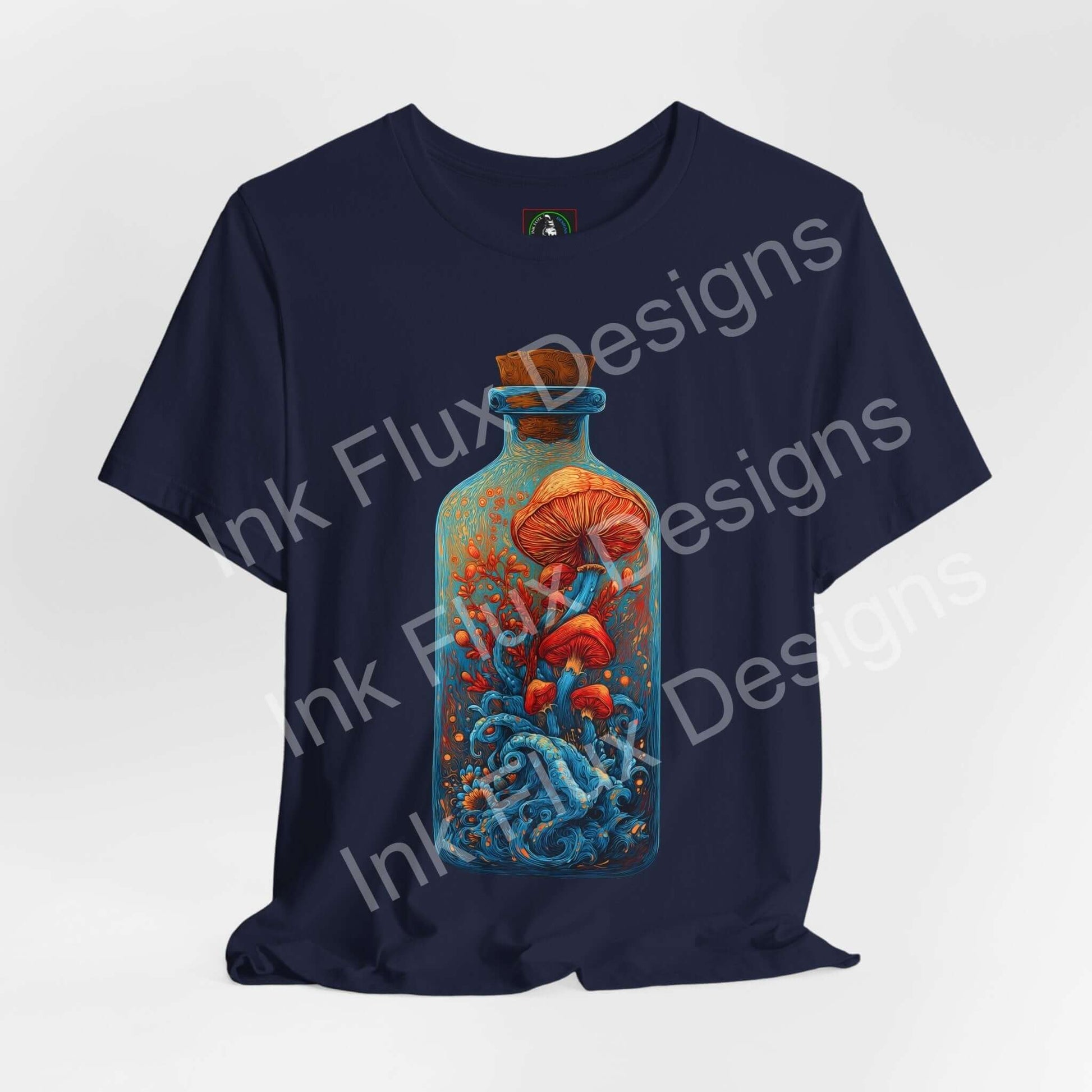 Psychedelic T-Shirt featuring surreal mushroom art in a glass bottle, showcasing vibrant colors and ocean-like movement.