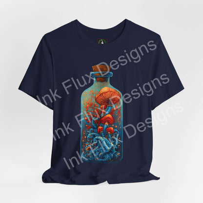 Psychedelic T-Shirt featuring surreal mushroom art in a glass bottle, showcasing vibrant colors and ocean-like movement.