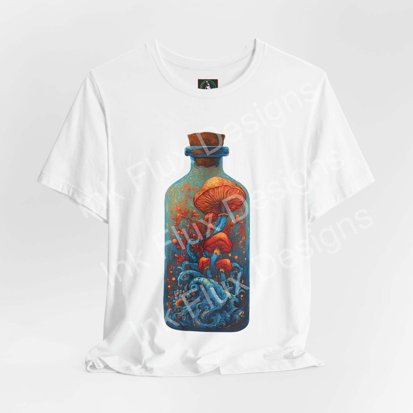 Psychedelic T-Shirt featuring surreal mushroom art inside a glass bottle with vibrant colors and flowing ocean-like movement.
