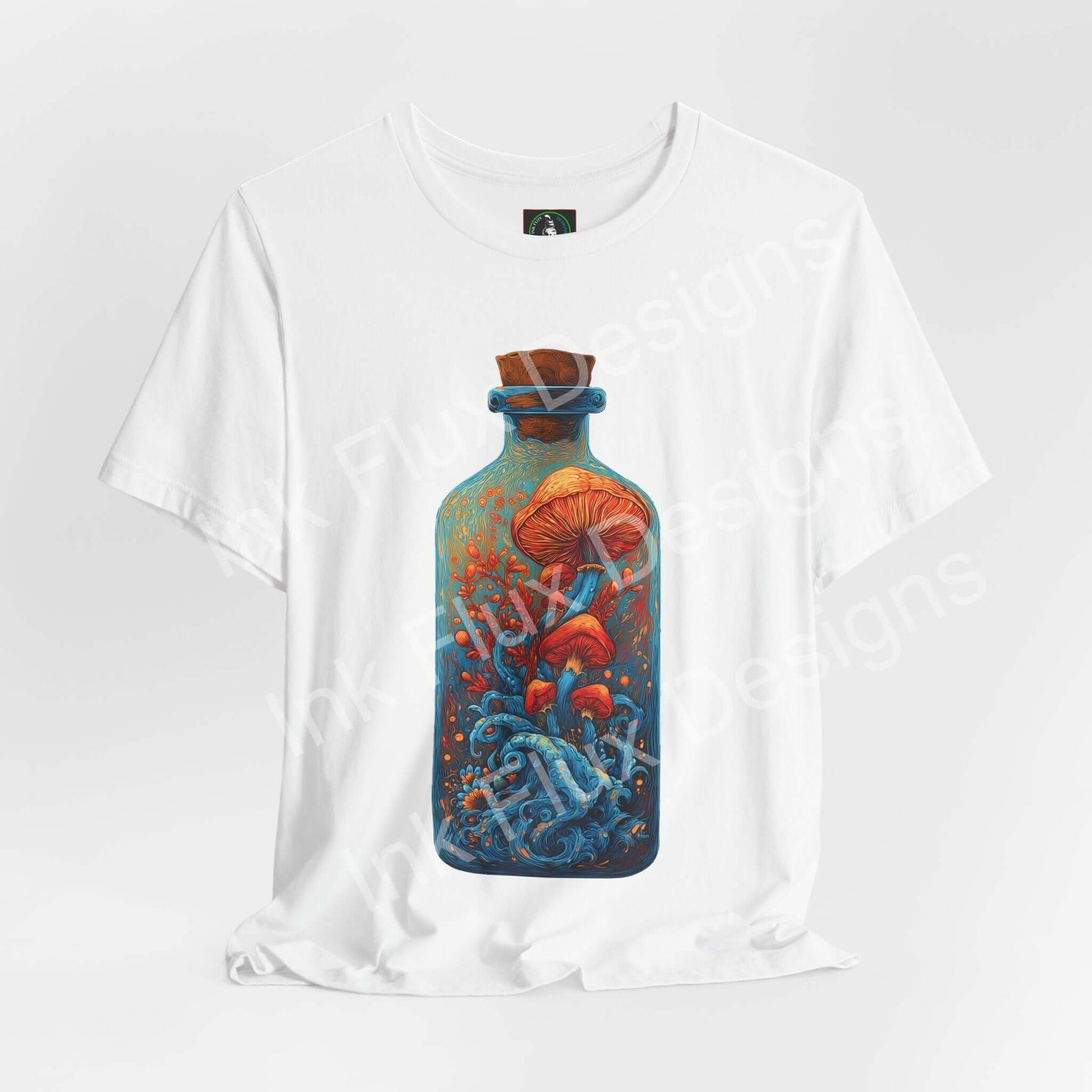 Psychedelic T-Shirt featuring surreal mushroom art inside a glass bottle with vibrant colors and flowing ocean-like movement.