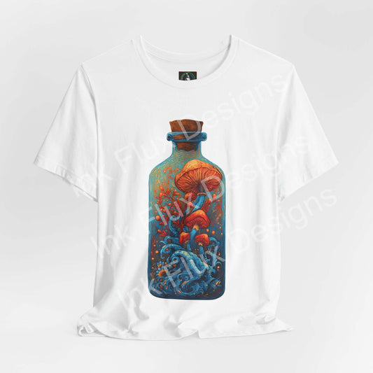 Psychedelic T-Shirt featuring surreal mushroom art inside a glass bottle with vibrant colors and flowing ocean-like movement.