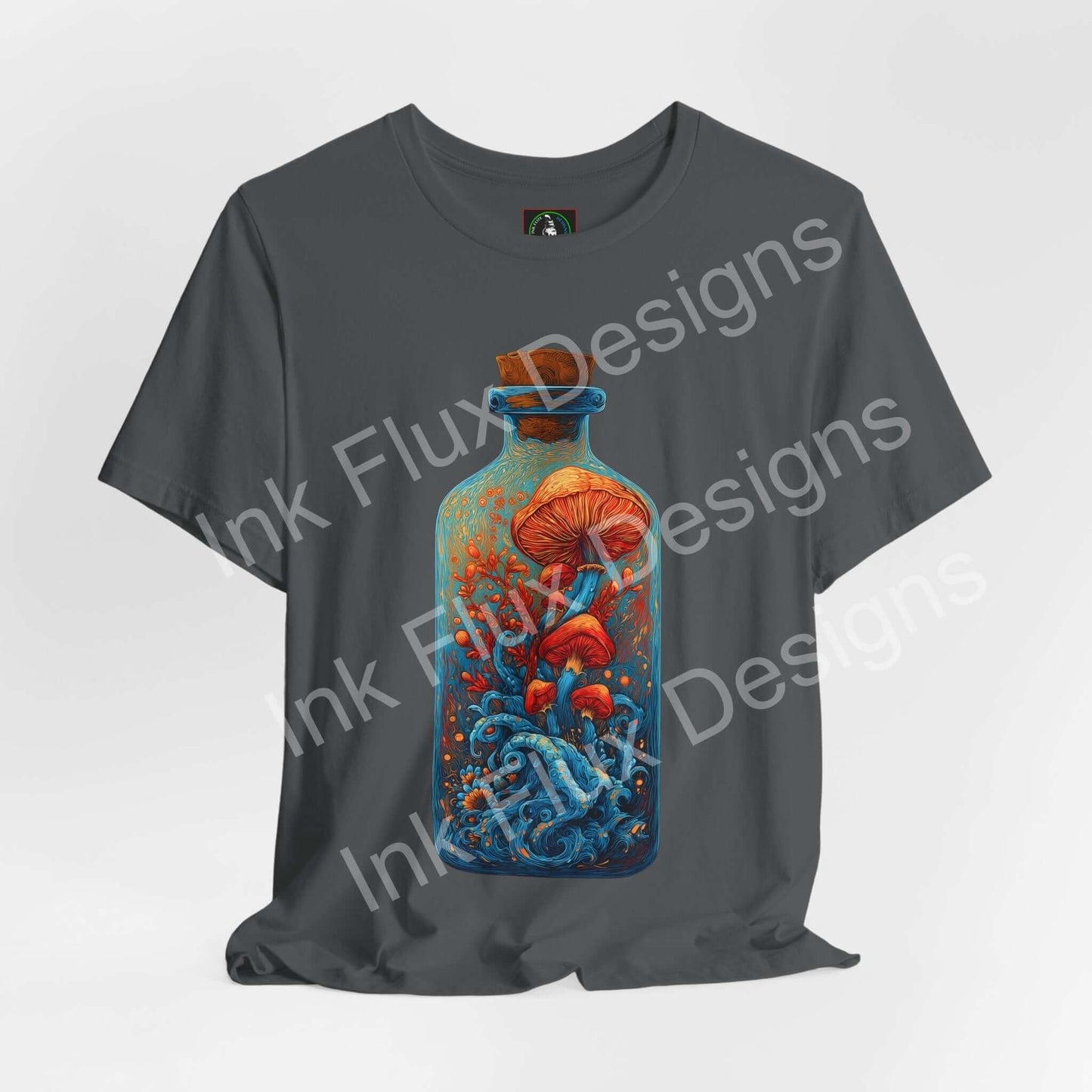 Psychedelic T-Shirt featuring surreal mushroom art in a glass bottle with flowing ocean waves.