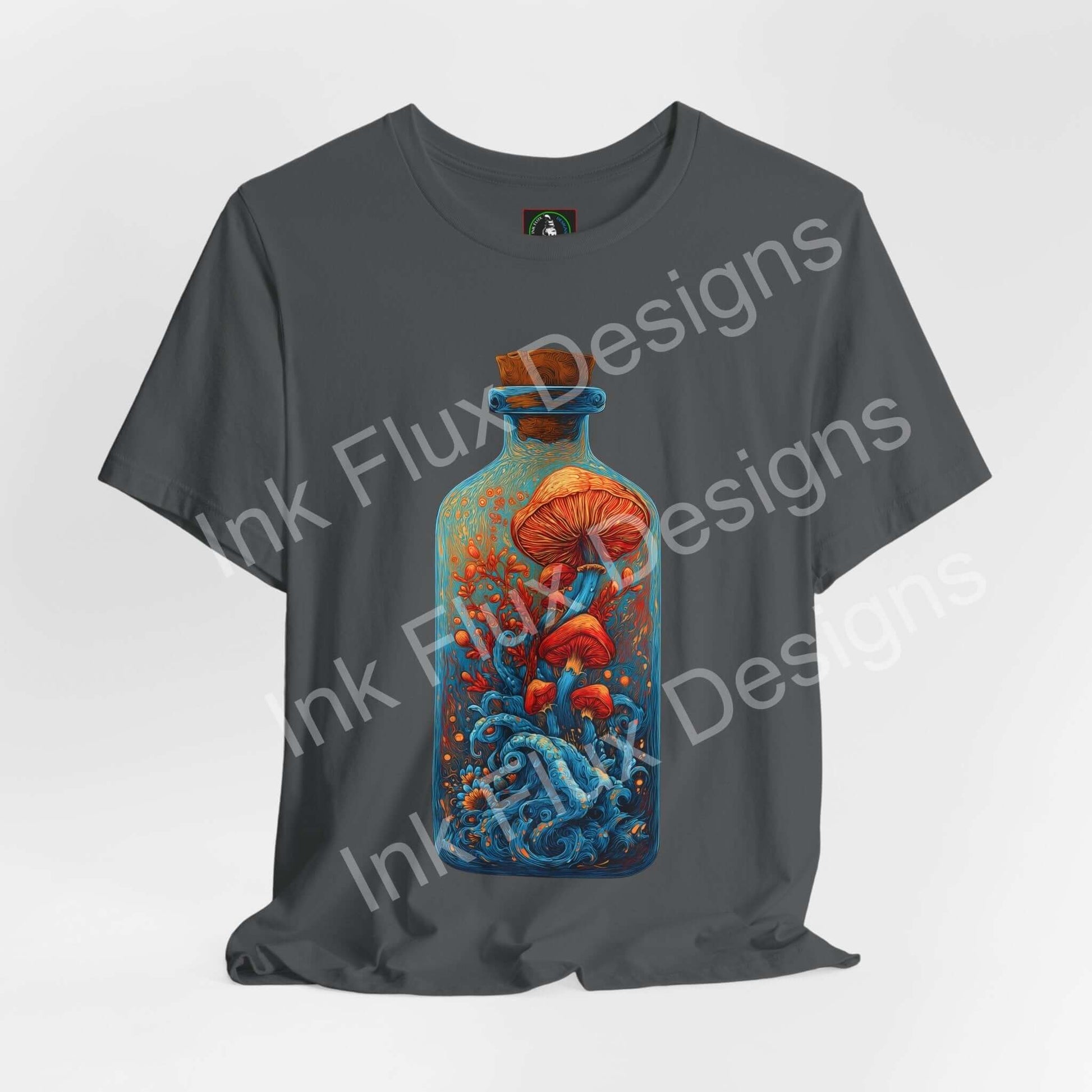 Psychedelic T-Shirt featuring surreal mushroom art in a glass bottle with flowing ocean waves.