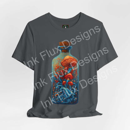 Psychedelic T-Shirt featuring surreal mushroom art in a glass bottle with flowing ocean waves.