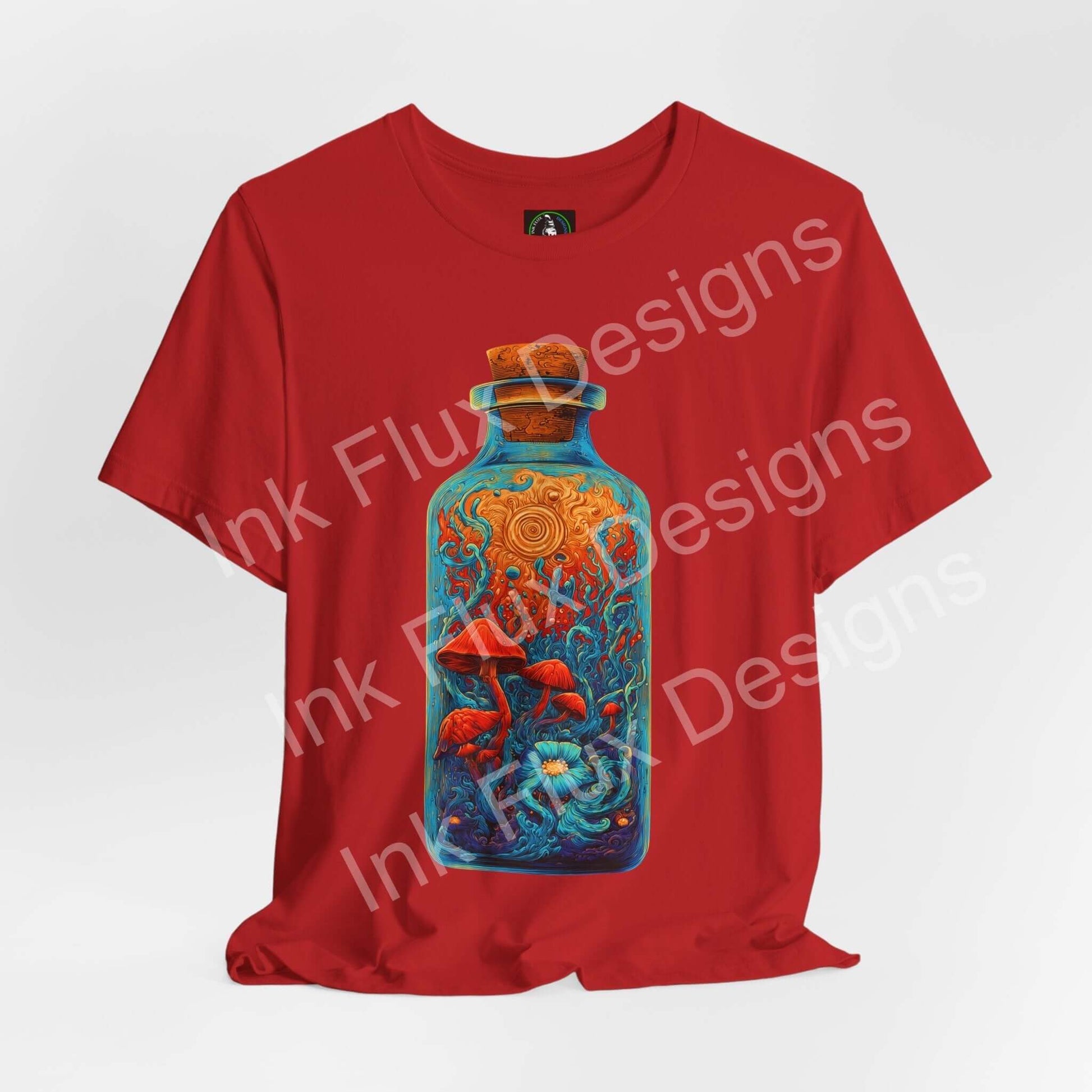 Psychedelic T-Shirt featuring vibrant mushroom graphic inside ornate glass bottle