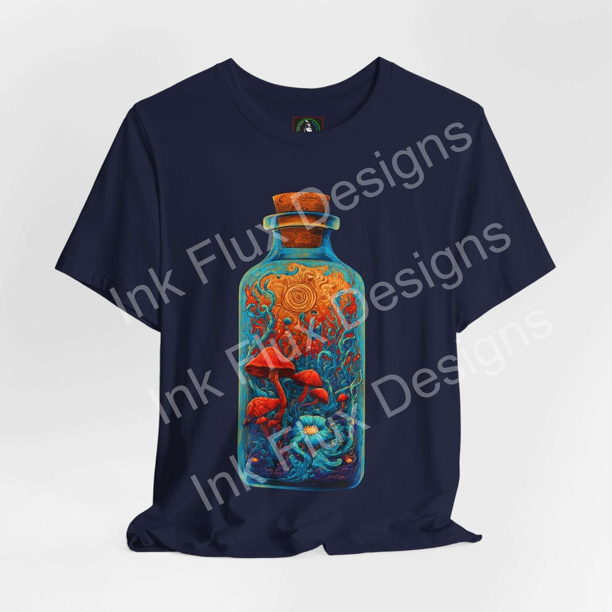 Psychedelic T-Shirt featuring surreal mushroom bottle graphic in vibrant colors on a navy background.