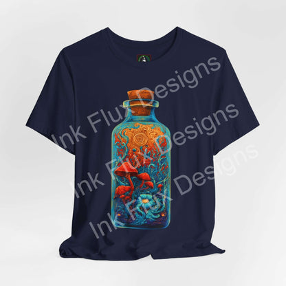 Psychedelic T-Shirt featuring surreal mushroom bottle graphic in vibrant colors on a navy background.
