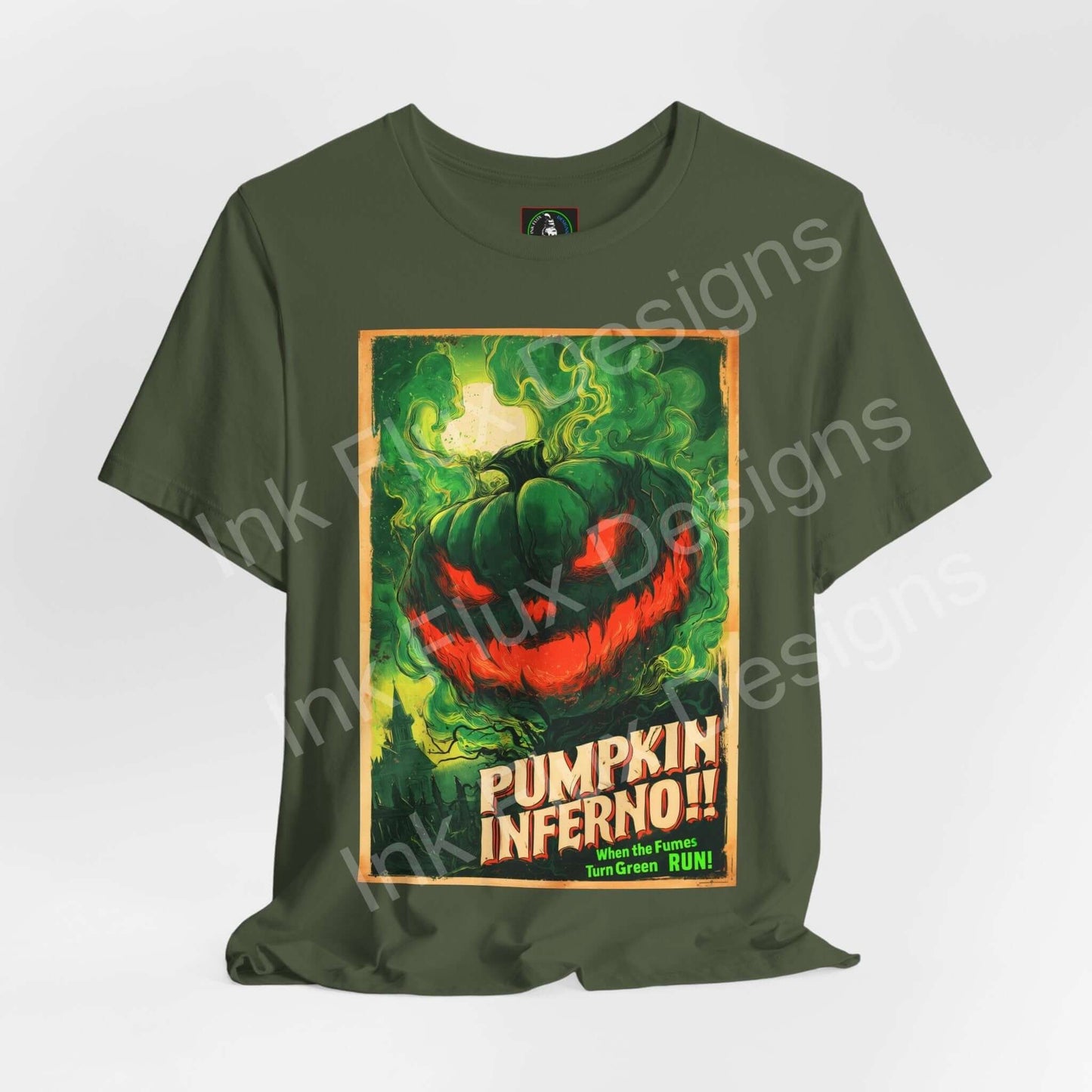 Unisex graphic T-shirt featuring Pumpkin Inferno design with bold colors and a crew neckline for everyday wear.