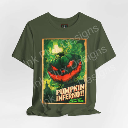 Unisex graphic T-shirt featuring Pumpkin Inferno design with bold colors and a crew neckline for everyday wear.