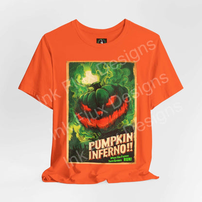 Unisex Pumpkin Inferno graphic T-shirt in orange, featuring a vibrant pumpkin design with spooky elements.
