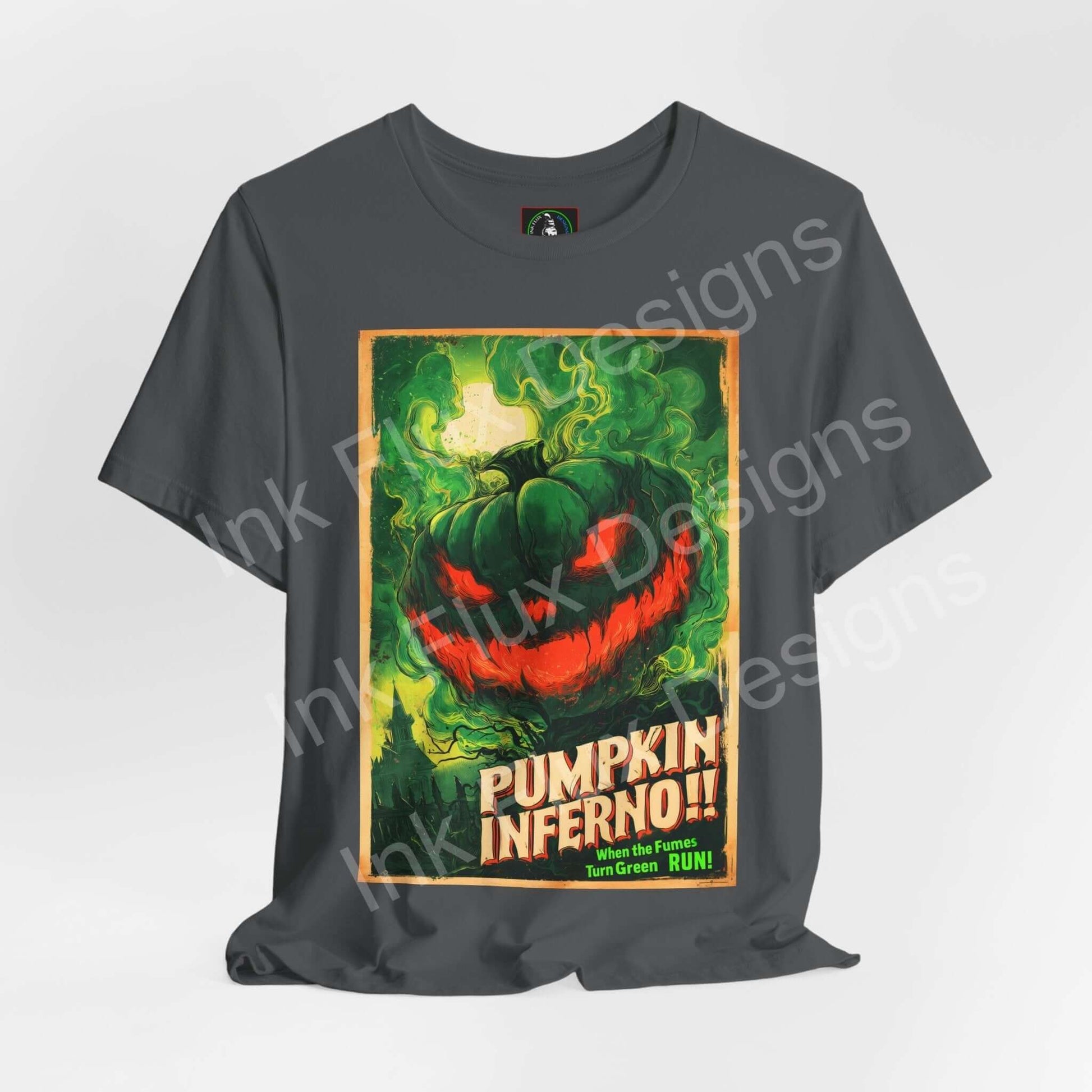 Unisex graphic T-shirt featuring vibrant Pumpkin Inferno design, perfect for everyday wear.