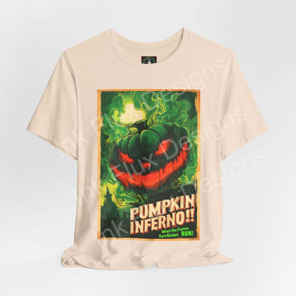 Unisex graphic T-shirt featuring bold artwork titled Pumpkin Inferno, perfect for comfortable everyday wear.