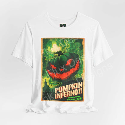Pumpkin Inferno unisex graphic t-shirt featuring a vibrant pumpkin design with spooky elements.