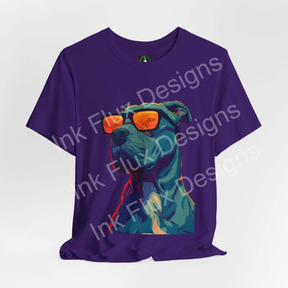 Dog T-Shirt featuring a cool pitbull graphic wearing stylish sunglasses on a purple tee.