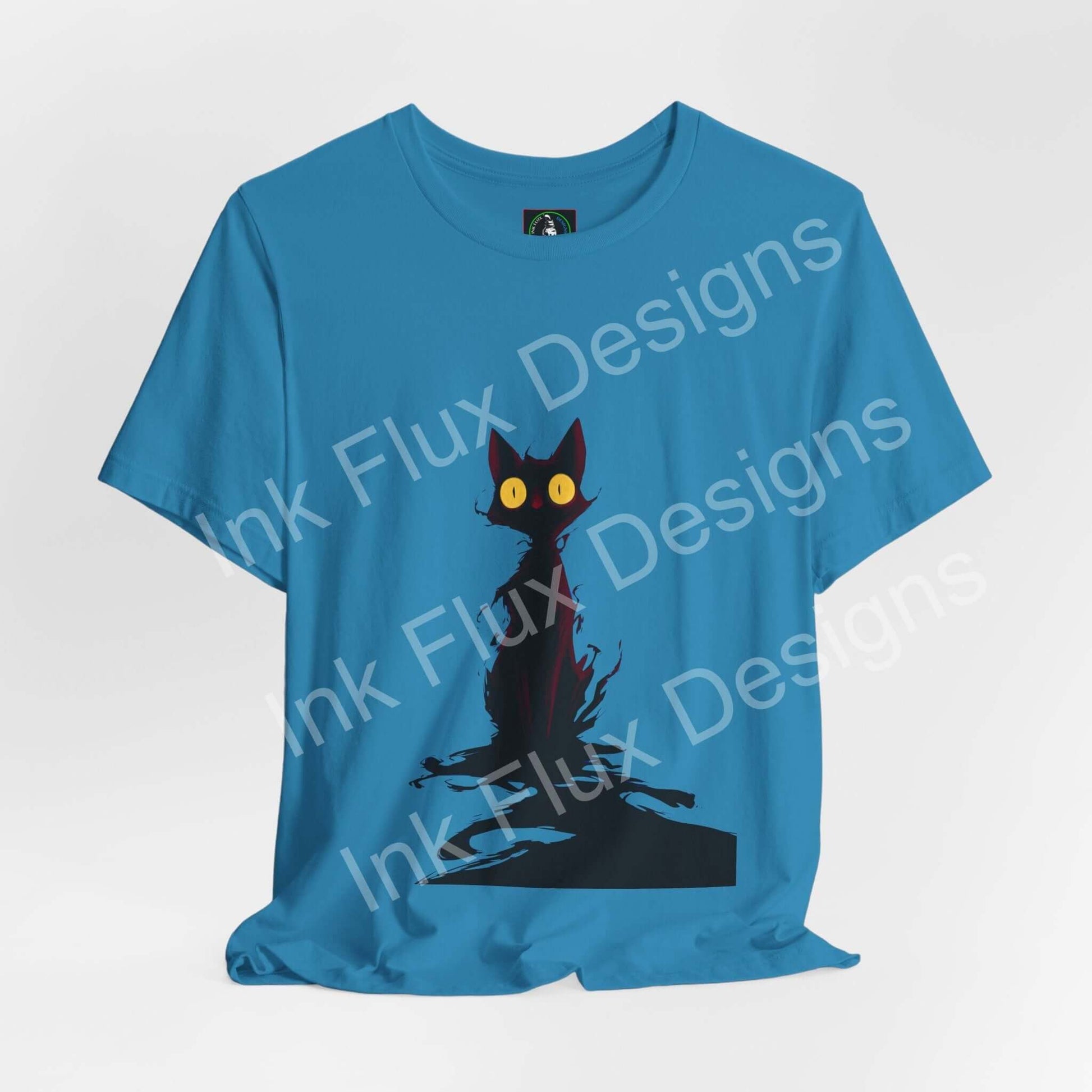 Black Cat T-Shirt featuring a mysterious cat graphic with glowing eyes on a blue background.