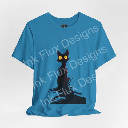 Black Cat T-Shirt featuring a mysterious cat graphic with glowing eyes on a blue background.
