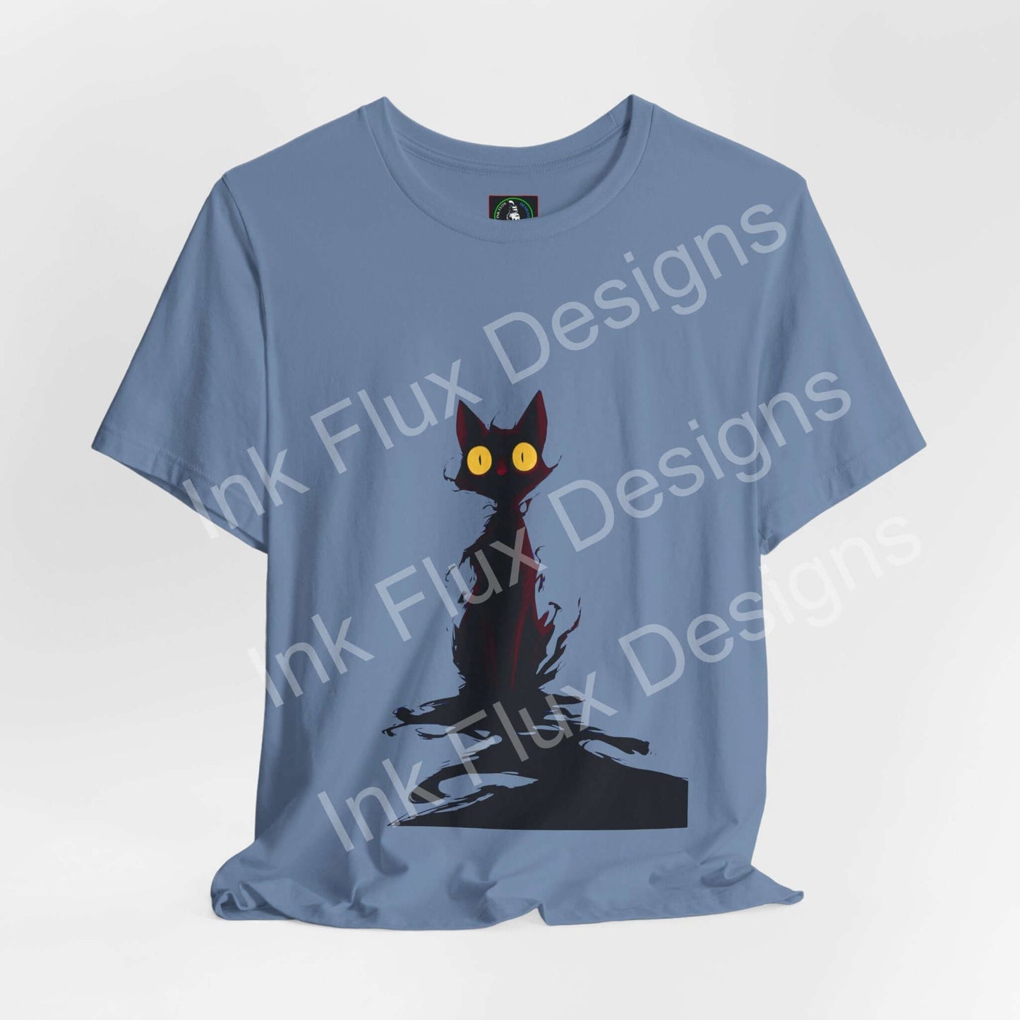 Black Cat T-Shirt featuring a shadowy cat design with glowing eyes on a blue background.