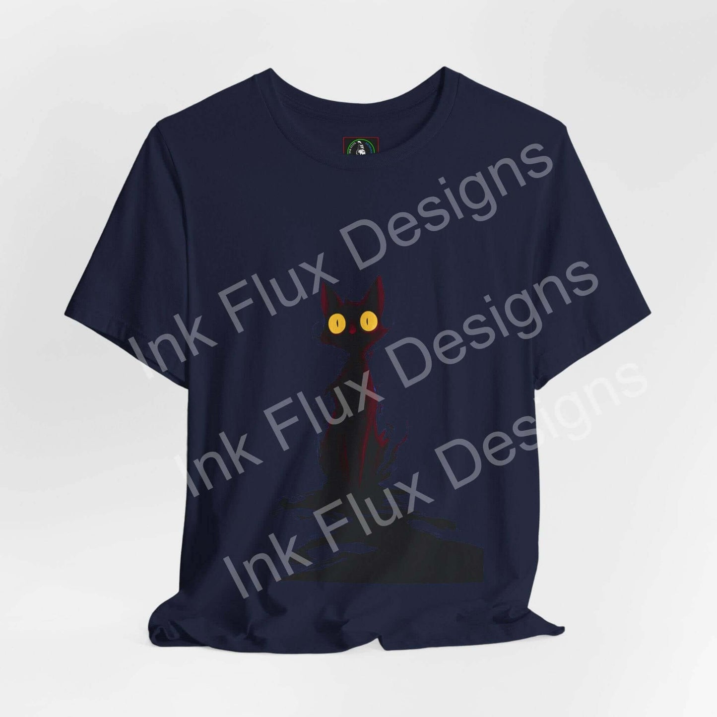 Black Cat T-Shirt featuring a shadow-like cat with glowing eyes, perfect for feline lovers.