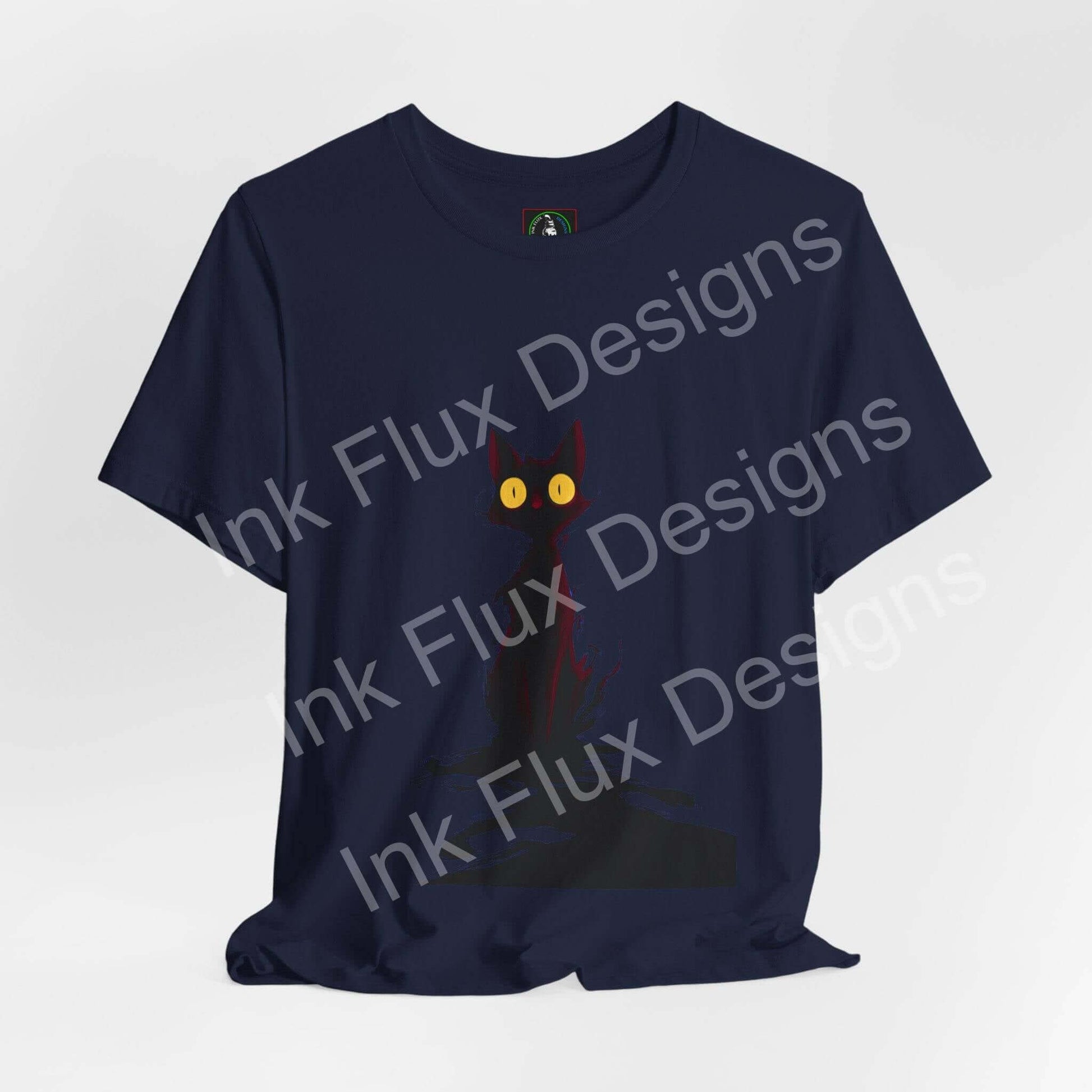 Black Cat T-Shirt featuring a shadow-like cat with glowing eyes, perfect for feline lovers.