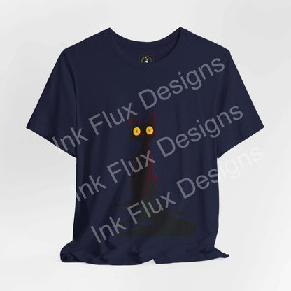 Black Cat T-Shirt featuring a shadow-like cat with glowing eyes, perfect for feline lovers.