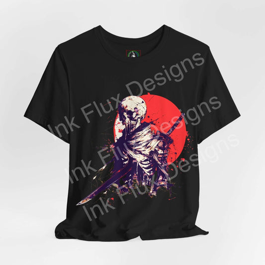 Shattered Warrior unisex T-shirt by Ink Flux Designs featuring a fierce graphic against a red circle backdrop, showcasing style and comfort.